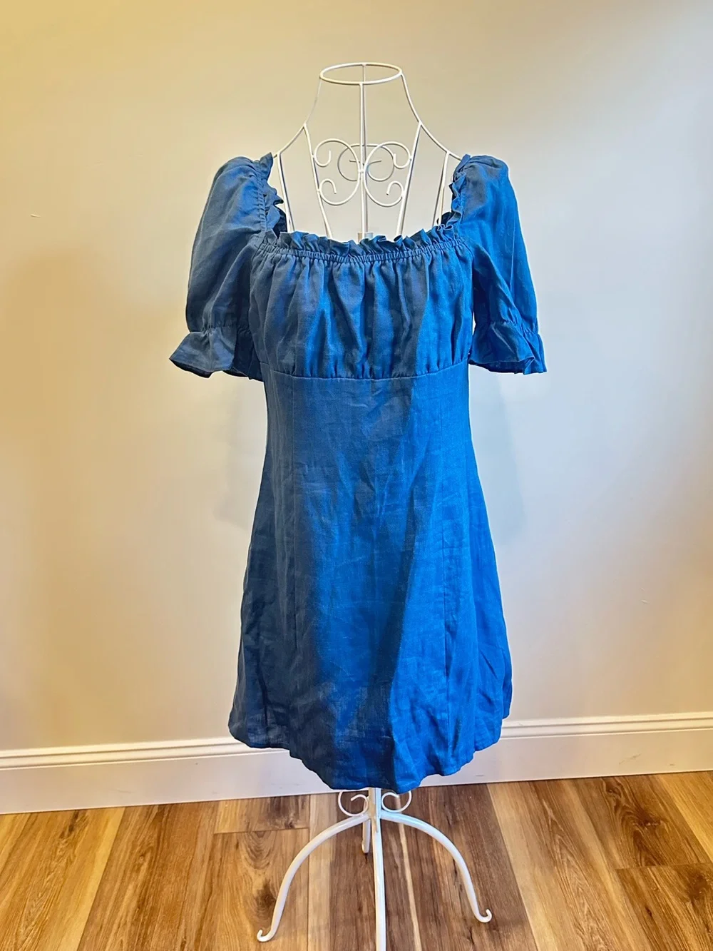 NWT Reformation Robles Linen Mini Puff Sleeve Dress Azul Sz 8 $198 - Picture 3 of 11